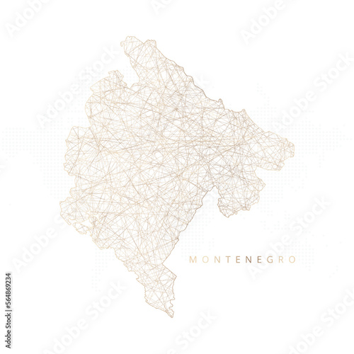 Low poly map of Montenegro. Gold polygonal wireframe. Glittering vector with gold particles on white background. Vector illustration eps 10.