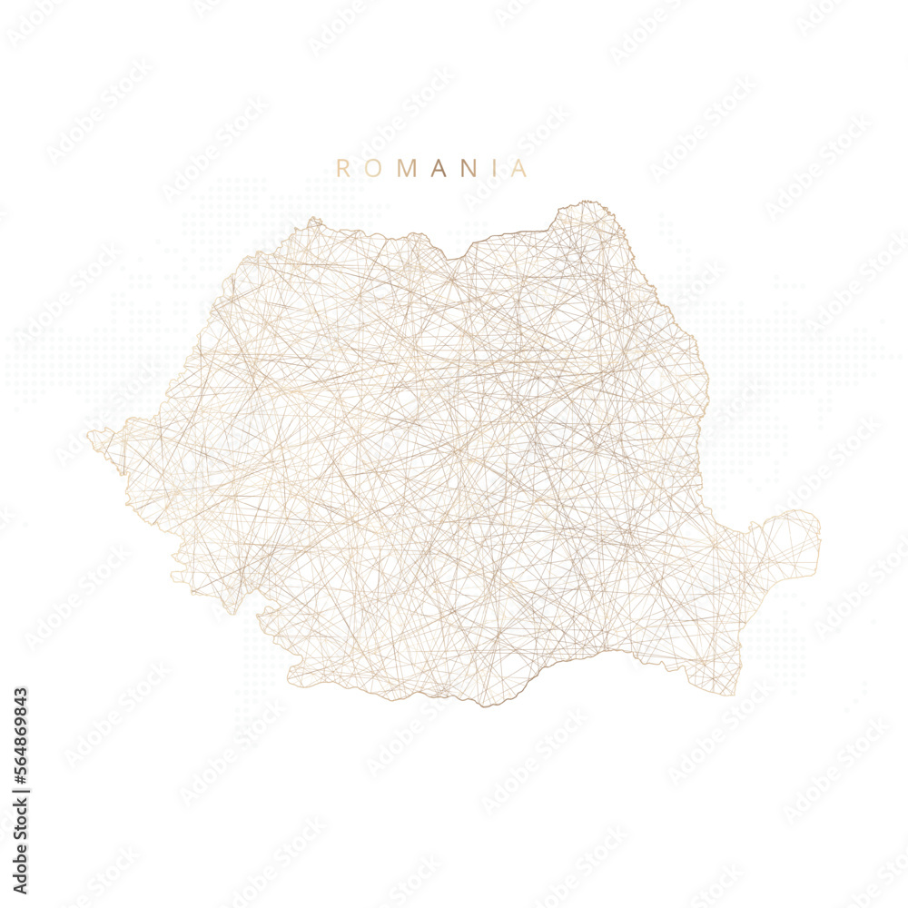 Low poly map of Romania. Gold polygonal wireframe. Glittering vector with gold particles on white background. Vector illustration eps 10.