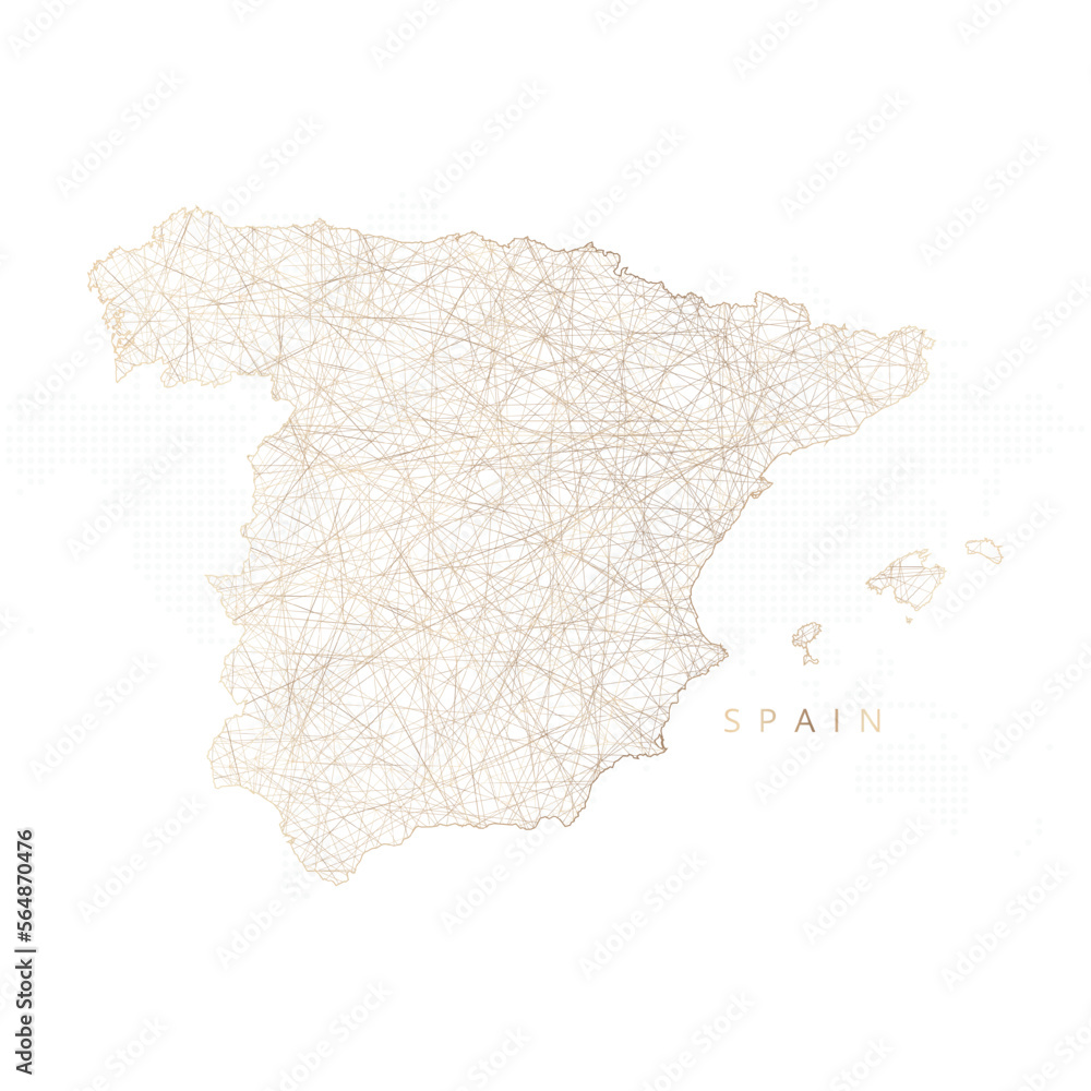 Low poly map of Spain. Gold polygonal wireframe. Glittering vector with gold particles on white background. Vector illustration eps 10.