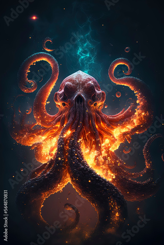 giant octopus on fire that is moving through interstellar space. Generative AI