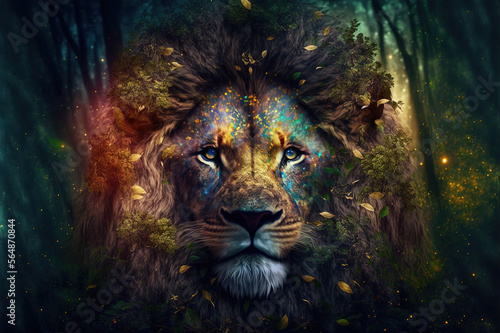 Fantasy Colorful Lion in The Forest with Golden Spot - Generative AI  © Wanlop