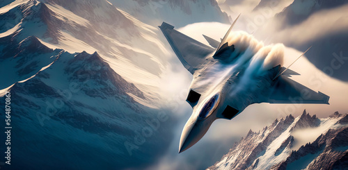 Lockheed Martin F-22 breaks the sound barrier over the swiss alps, sonic boom, atmospheric lighting, Generative AI photo