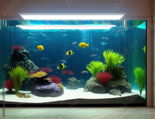 Aquarium room with fishes, Square aquarium with fishes, Fishes on water, Made with Generative AI