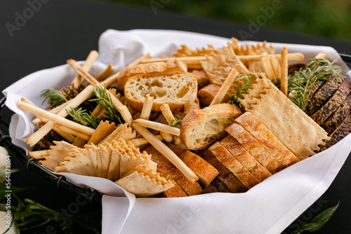 Basket of Bread, Crackers, and Crostini at the Wedding Reception