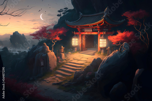 ancient japanese shrine on the mountain, red gates, dusk, lanterns along the path. Generative AI