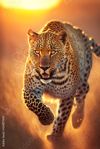 Leopard running in action on the field grass with sunset ligth, Generative AI