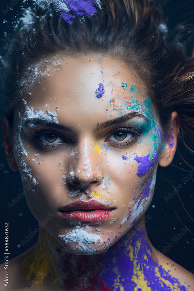 beautiful Model with paint colorful powder. Generative AI beautiful Model with paint colorful powder. Generative AI