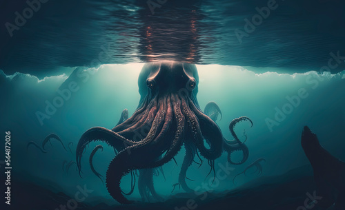 Big kraken in the ocean. Generative AI photo