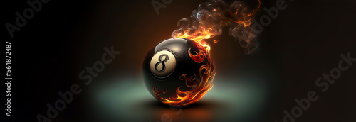 8 Ball on fire, dark fantasy, black eight ball snooker ball with flames around it edges and signs of extreme heat, generative AI photo