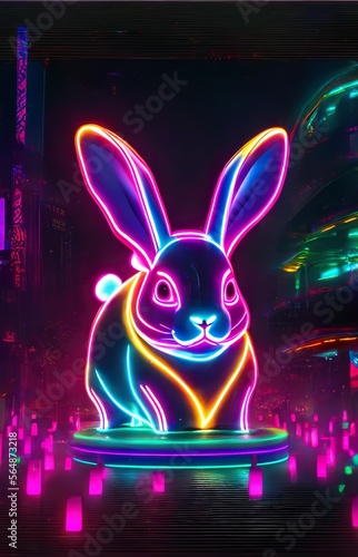Cute and Fun Neon Easter Bunny Illustration - Pink Cartoon Rabbit with long Ears for Spring Holiday Cards and Pet Character Art
