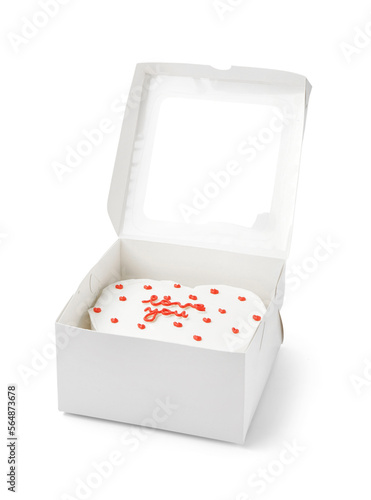 Opened box with tasty bento cake isolated on white background. Valentine's Day celebration