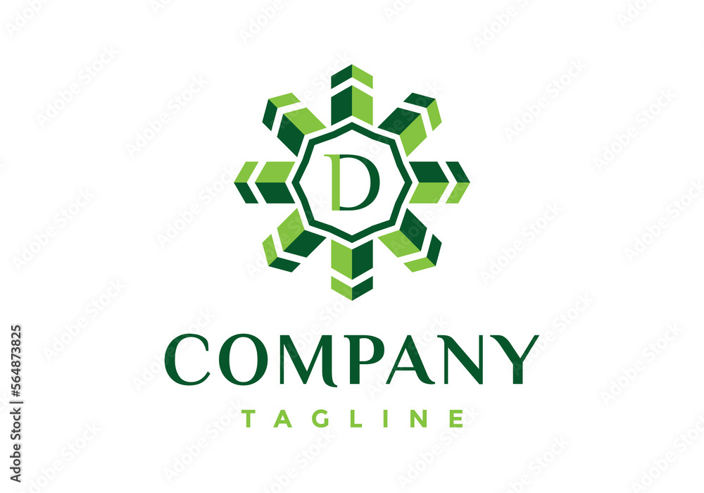 Letter D logo in the green arrow-shaped frame. Letter D logo in the green arrow-shaped frame.