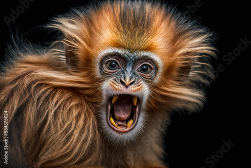 Langur expresses emotions Funny monkey with an open mouth. Comedy Wildlife background. Post-processed generative AI  © Katynn