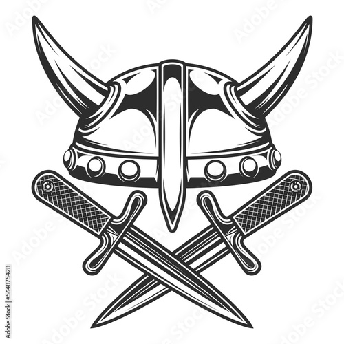 Vintage emblem with medieval nordic warrior viking horned helmet and battle knife isolated vector illustration