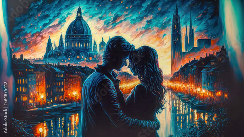 Silouette of a couple embracing. AI generated.