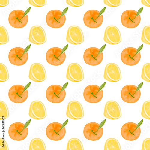 Fototapeta Naklejka Na Ścianę i Meble -  Watercolor citrus seamless pattern. Tangerine lemon half Summer fresh watercolor pattern with citrus. Digital paper hand drawn illustration
