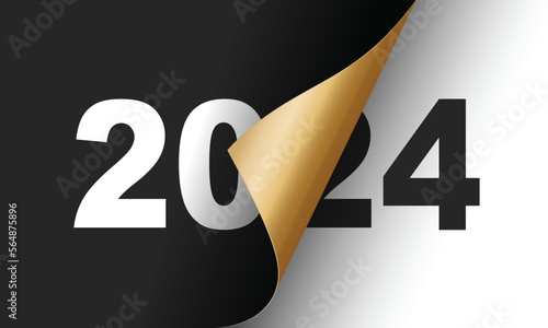 Happy New Year 2024 greeting card design template. End of 2023 and beginning of 2024. The concept of the beginning of the New Year. The calendar page turns over and the new year begins.