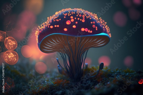 Magic mushroom glowing bright on mythical fantasy forest ground soil; colorful edible fungus hallucinogenic and known for extraordinary healing abilities - generative AI illustration.