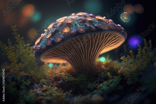 Magic mushroom glowing bright on mythical fantasy forest ground soil; colorful edible fungus hallucinogenic and known for extraordinary healing abilities - generative AI illustration.