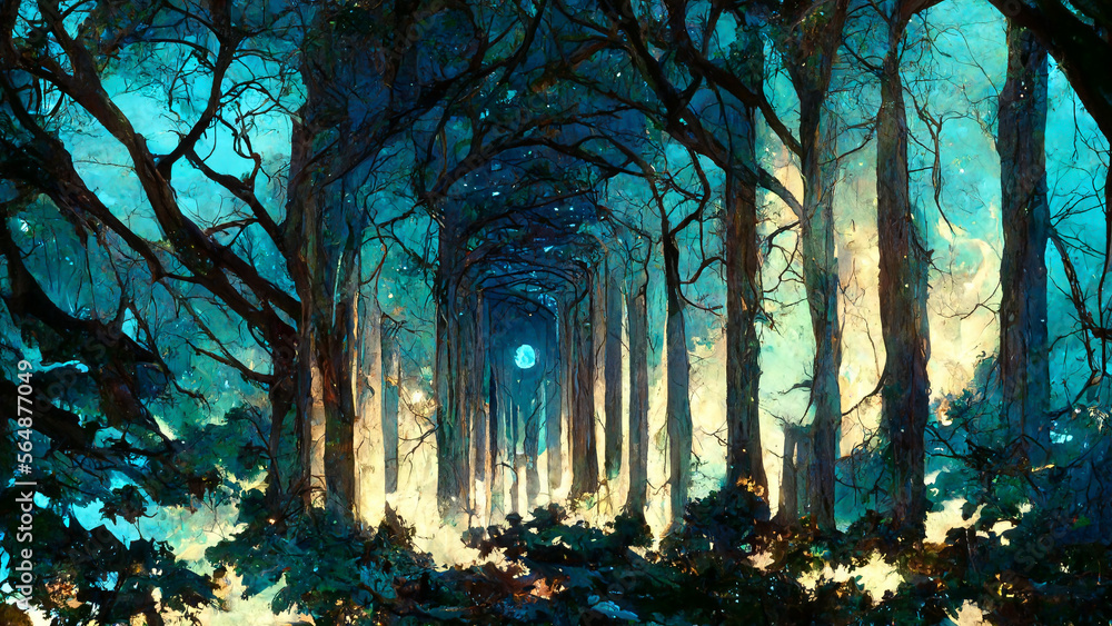 Forest at night illuminated by moonlight illustration Generative AI Content by Midjourney