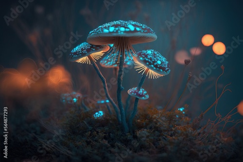 Magic mushroom glowing bright on mythical fantasy forest ground soil; colorful edible fungus hallucinogenic and known for extraordinary healing abilities - generative AI illustration.