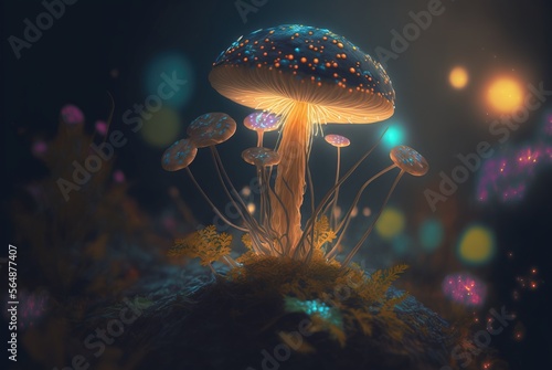 Magic mushroom glowing bright on mythical fantasy forest ground soil  colorful edible fungus hallucinogenic and known for extraordinary healing abilities - generative AI illustration.