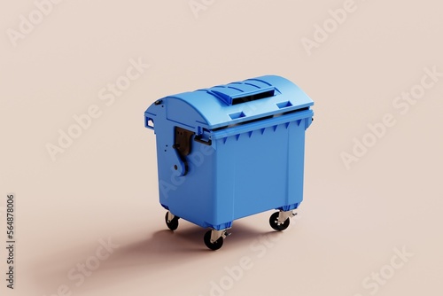 3d rendering of blue trash bin on pastel background. photo