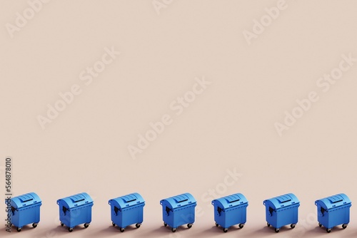 3d rendering of blue trash bins pattern on pastel background.