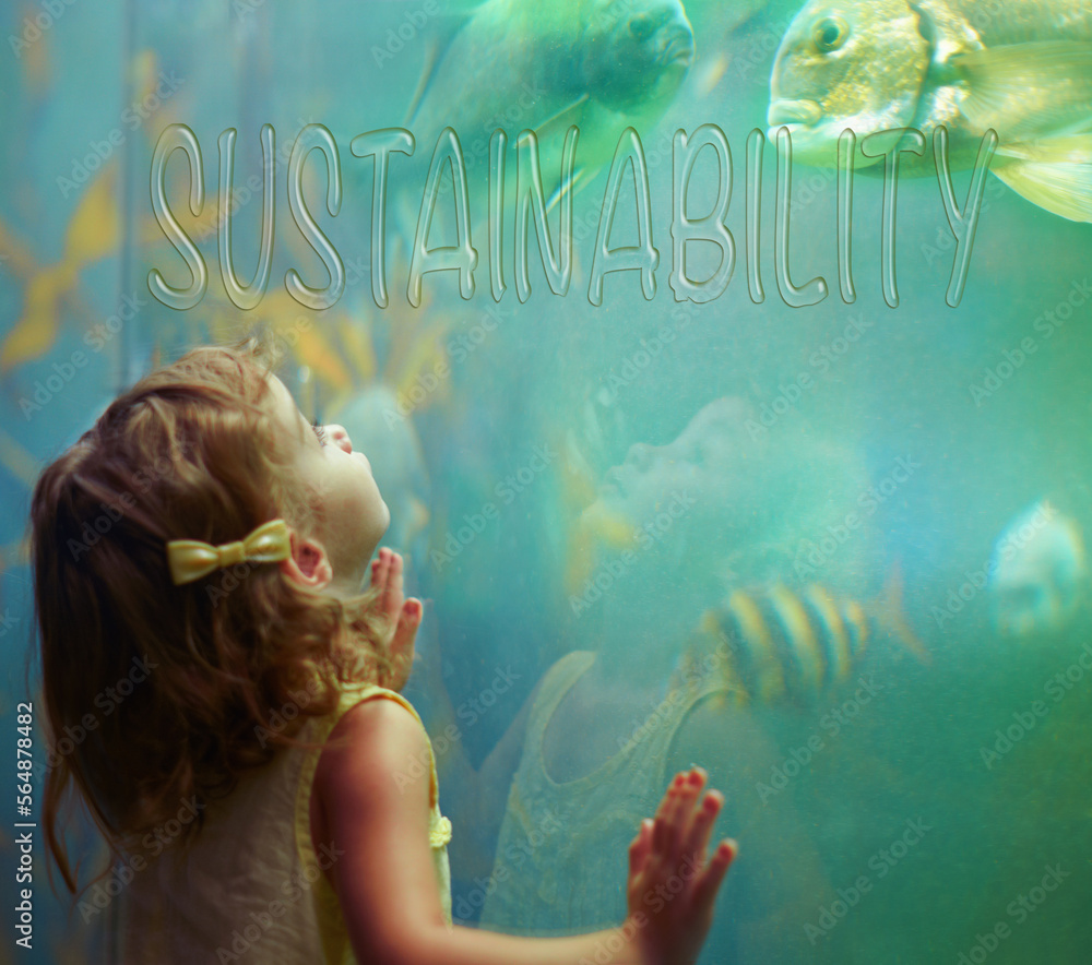 Children aquarium and sustainability with a girl looking into a