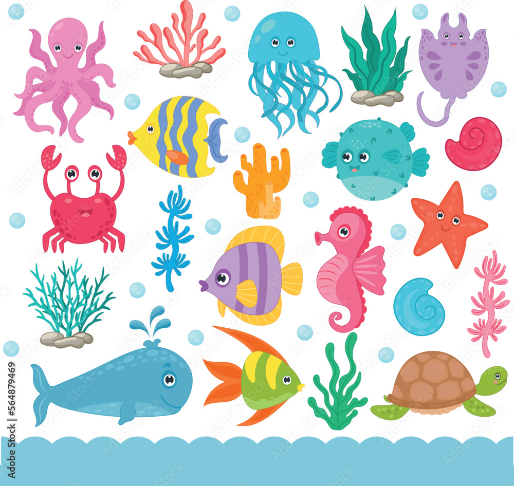 Marine Animals. Vector graphics of the ocean and marine animals. Turtle, crab, fish, octopus, seahorse, whale. Isolated on white background.