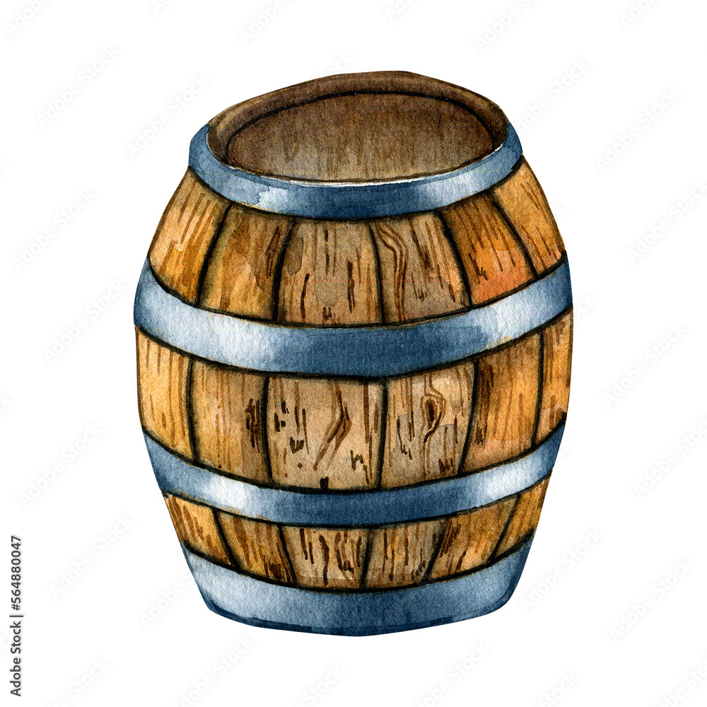 Wooden beer barrel watercolor illustration isolated on white background. Vintage cask, barrel roll hand drawn. Design element for advertising beer festival, banner, menu, packaging, St Patrick's day. Wooden beer barrel watercolor illustration isolated on white background. Vintage cask, barrel roll hand drawn. Design element for advertising beer festival, banner, menu, packaging, St Patrick's day.