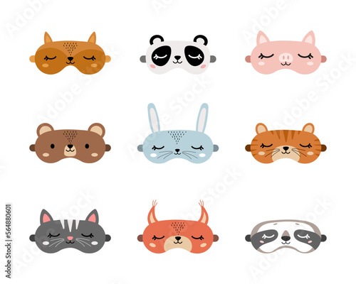 Fototapeta Naklejka Na Ścianę i Meble -  Sleep masks set with cute animals. Eye protection accessories. Nightwear for sleeping, dreaming and relaxation. Funny pajama elements. Vector illustration in flat cartoon style.