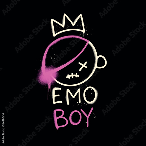 Y2k Graffiti emo Boy with splash effect and drops. Retro 00s aesthetic print for t-shirt, sweatshirt, and poster. Vector Black and pink illustration