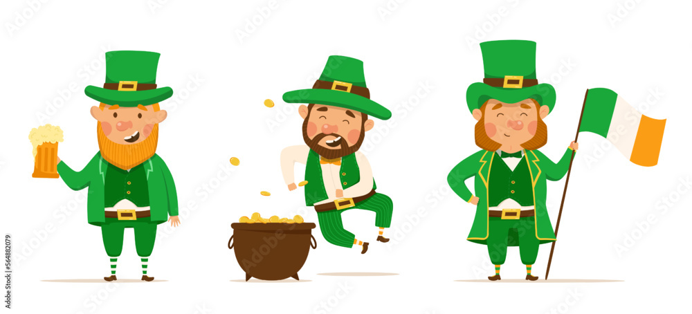 St. Patrick's Day set of different characters of leprechauns in different suits. Vector Illustrations. Cheerful men character. Beer, pot of gold and Irish flag. For design and stickers