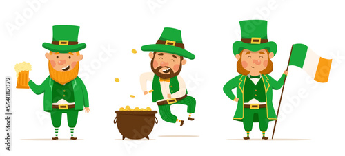 St. Patrick's Day set of different characters of leprechauns in different suits. Vector Illustrations. Cheerful men character. Beer, pot of gold and Irish flag. For design and stickers
