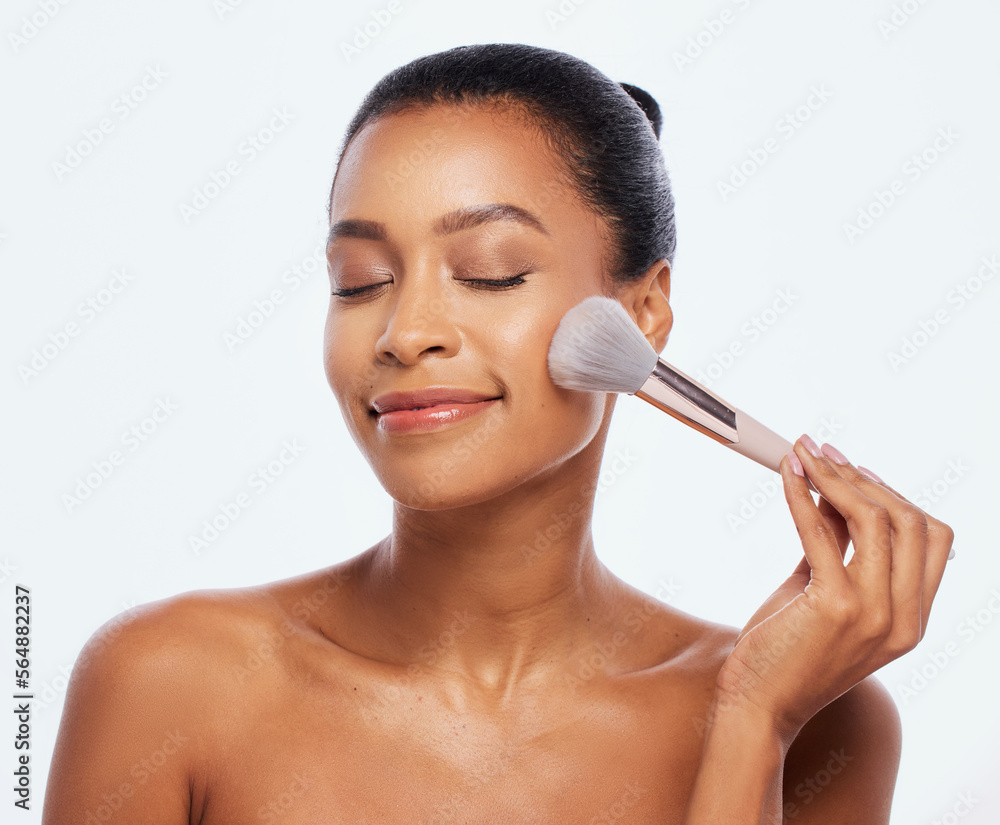 Beauty, makeup and brush for face of woman in studio for makeup, cosmetics and natural skin. Aesthetic model person with facial tools for a healthy glow or shine isolated on a white background Beauty, makeup and brush for face of woman in studio for makeup, cosmetics and natural skin. Aesthetic model person with facial tools for a healthy glow or shine isolated on a white background