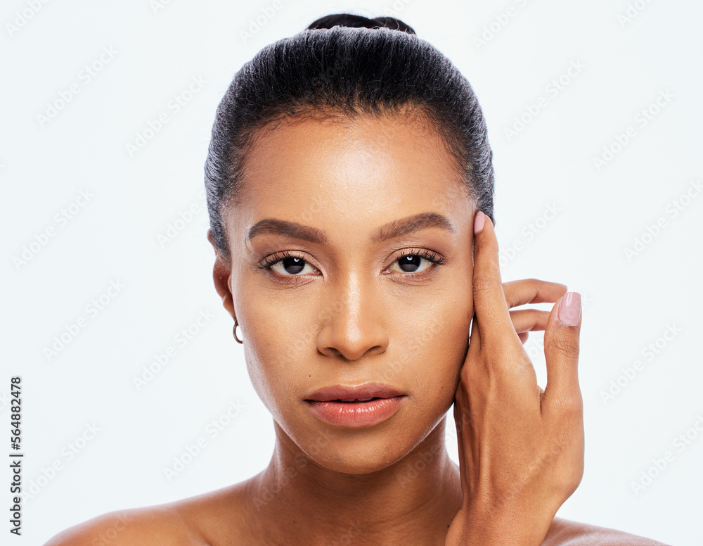 Beauty, face and skincare for black woman portrait in studio for dermatology, cosmetic and natural skin. Natural aesthetic model with spa facial and healthy makeup glow isolated on a white background