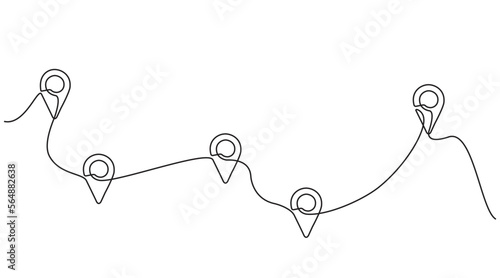 Continuous one line drawing of path and Location pointers. Simple pin between multiple points Hint location in thin Linear style. Gps navigation and Travel concept. Doodle vector illustration