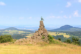 Panorama with memorial Fliegerdenkmal remembering the fallen fighter pilots from World War I on mountain Wasserkuppe in Rhön Mountains, Germany