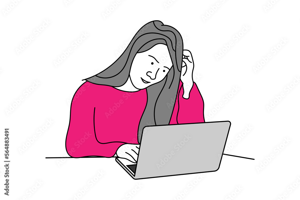 Illustration of a flat character girl thoughtful laptop use white background Illustration of a flat character girl thoughtful laptop use white background