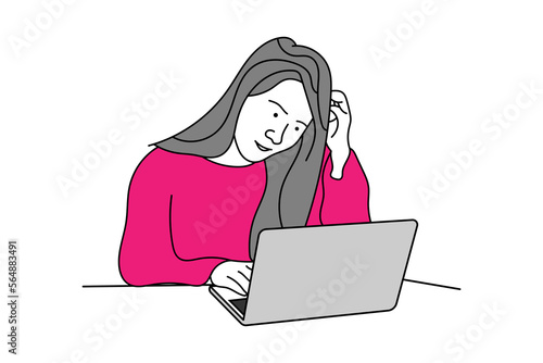 Illustration of a flat character girl thoughtful laptop use white background