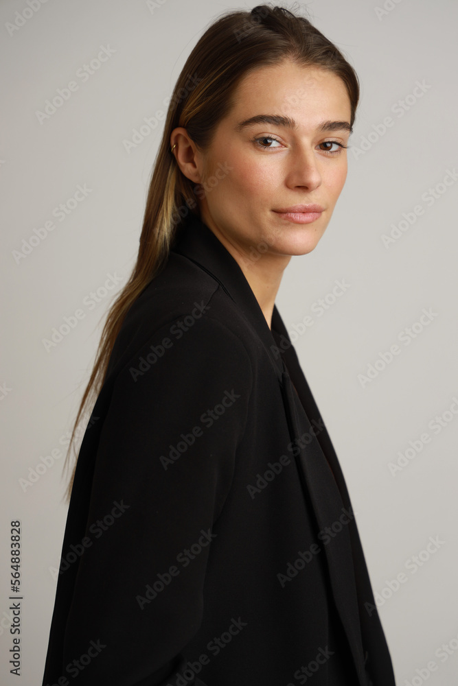 portrait young woman dressed in black coat portrait young woman dressed in black coat