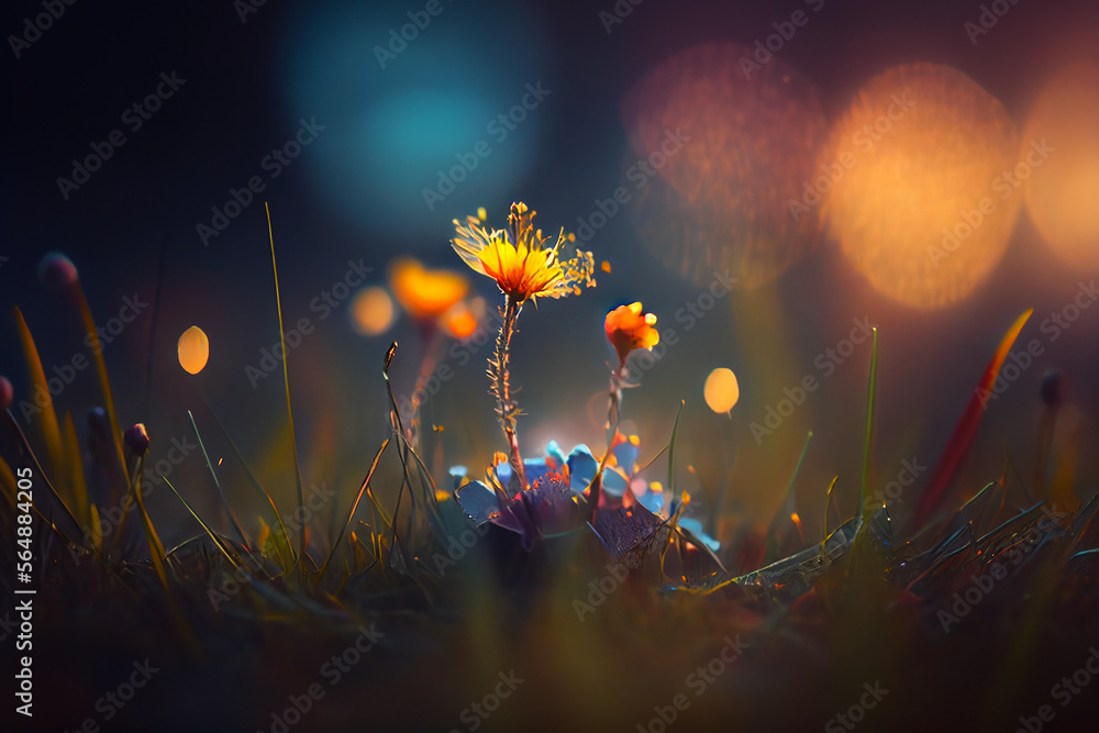  beautiful closeup tiny flower , bokeh background. wallpaper graphic design. realistic digital art