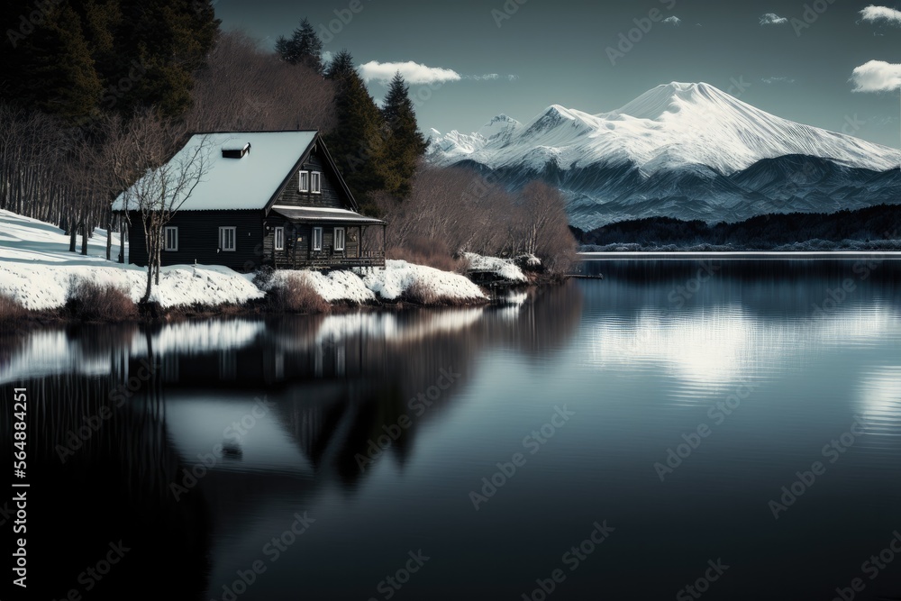 Fototapeta premium lake cabin in the snow with white mountains in the distance, generative ai composite