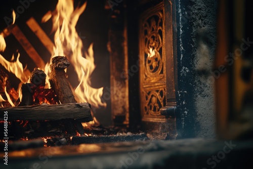 burning vintage fireplace close up, generative ai composite
