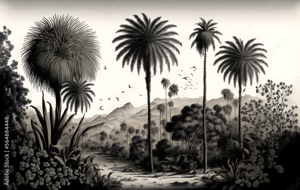 Fototapeta Vintage wallpaper - an oasis of palm trees, mountains with birds with a black and white background
