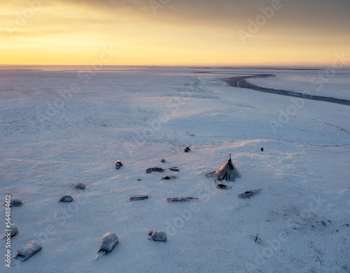 Reindeer herders camp at dawn photo