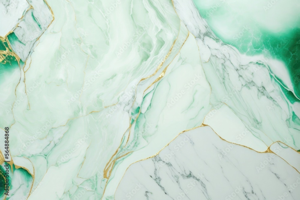 ethereal green marble texture background with gold streaks, generative ai composite 