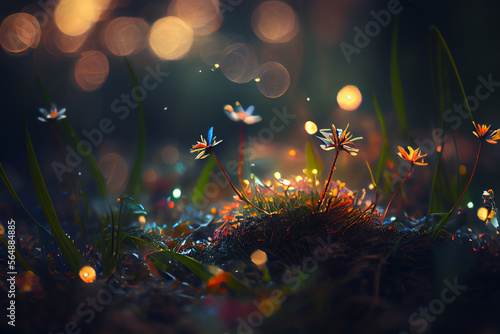  beautiful realistic digital art closeup tiny flower , bokeh background. wallpaper graphic design. 