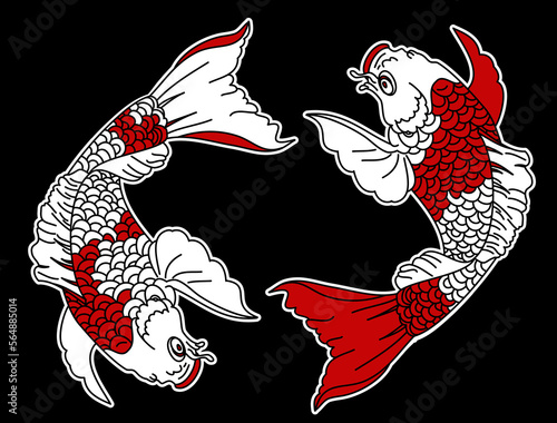 koi carp vector isolate for tattoo.Japanese carp drawing.Hand drawn line art of fish (Koi carp). Vector isolated. Idea for tattoo and coloring books.